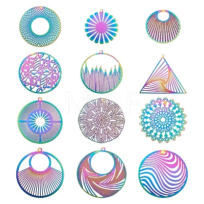 48Pcs 12 Styles Ion Plating(IP) 201 Stainless Steel Filigree Pendants STAS-BY0001-08-1