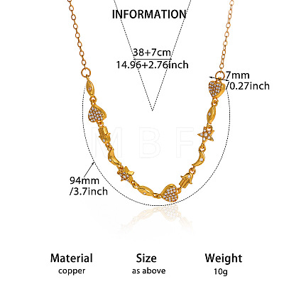 304 Stainless Steel & Brass Micro Pave Clear Cubic Zirconia Heart Horse Eye Hamsa Hand Link Chain Necklaces for Women WG3E65D-01-1