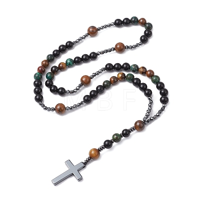 Natural Tiger Eye & Obsidian & Bloodstone Rosary Bead Necklaces NJEW-JN05114-01-1