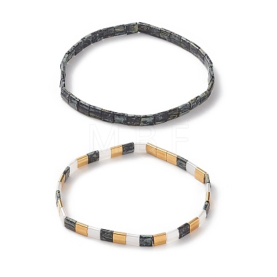 2Pcs 2 Style Glass Seed Rectangle Beaded Stretch Bracelets Set BJEW-JB09036-1