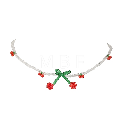 Glass Seed Beaded Cherry Pendant Necklace NJEW-JN04648-1