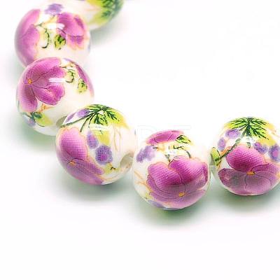 Handmade Flower Printed Porcelain Ceramic Beads Strands PORC-M007-10mm-17-1