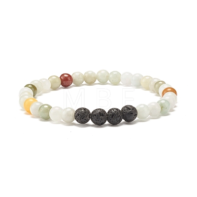 Natural Jadeite & Lava Rock Round Beaded Stretch Bracelet BJEW-JB07572-02-1