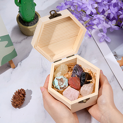 7 Chakra Natural Mixed Raw Gemstone Nuggets Display Decorations with Wooden Box AJEW-WH0886-57-1