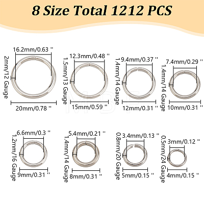 ARRICRAFT 1212pcs 8 Styles 304 Stainless Steel Jump Rings STAS-AR0002-08-1