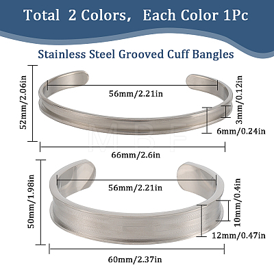 SUNNYCLUE 2Pcs 2 Styles C-Shaped 201 Stainless Steel Grooved Cuff Bangles STAS-SC0008-02-1