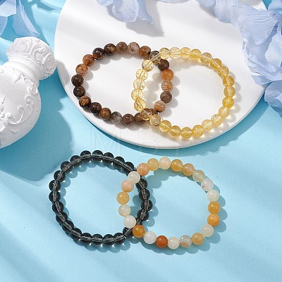 4Pcs Constellation 8mm Round Natural Yellow Tiger Eye & Jade & Synthetic Citrine & Smoky Quartz Beaded Stretch Bracelets for Women BJEW-JB10635-1