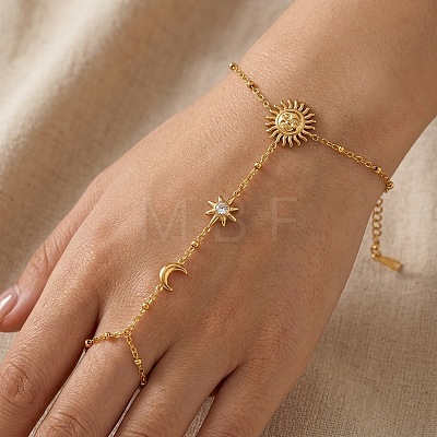 304 Stainless Steel Pave Clear Cubic Zirconia Sun Star Moon Hand Chain Ring Bracelets for Women JX0821-1