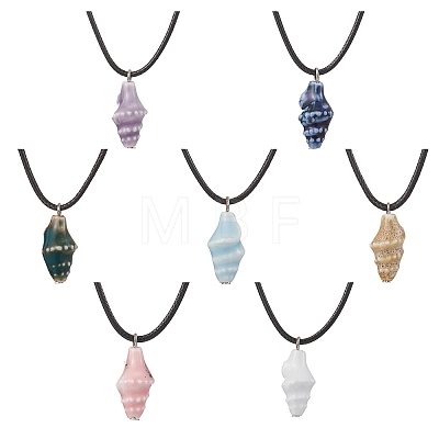 Handmade Porcelain Shell Shaped Pendant Black Waxed Cotton Cord Necklaces NJEW-JN05271-1