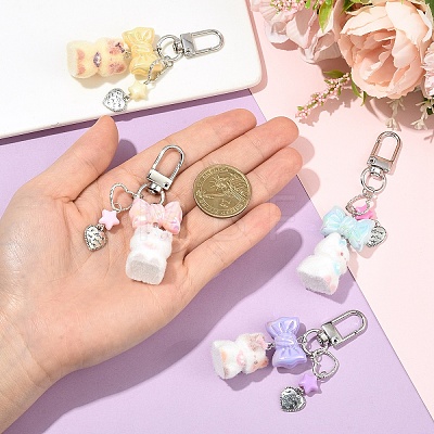 Cat Shape Flocky Opaque Resin & Opaque Acrylic Bowknot & Alloy Heart Charms Pendant Decorations HJEW-YW00343-01-1