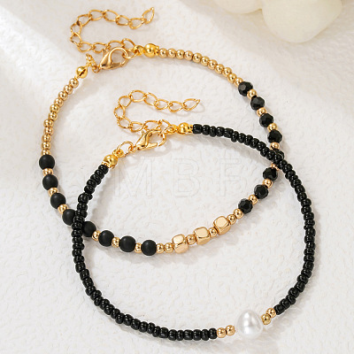 Bohemian Style Plastic Pearl & Brass Cube & Glass Seed Beaded 2-Strand Anklets FS-WG67DAF-01-1