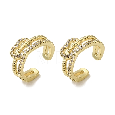 Rack Plating Brass Micro Pave Clear Cubic Zirconia 2-Strand Heart Cuff Earrings for Women EJEW-P280-22G-1