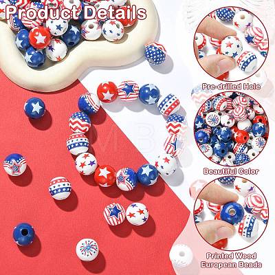 90Pcs 9 Styles Printed Wood European Beads WOOD-CJ0002-69-1