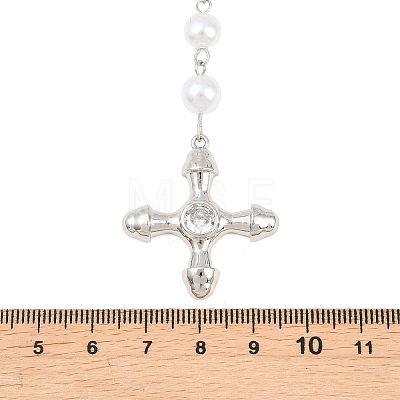 Brass Pave Clear Cubic Zirconia Cross Y Pendant Necklaces with ABS Imitation Pearl Handmade Link Chain NJEW-F364-06P-1