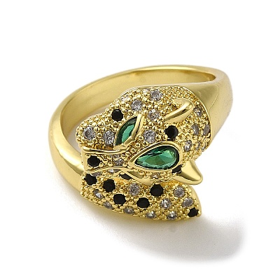 Rack Plating Brass Micro Pave Cubic Zirconia Leopard Finger Ring X-RJEW-A036-01G-1