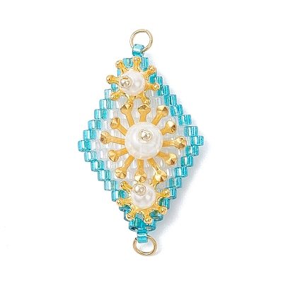 Imitation Pearl & Glass Seed Beaded Floral Rhombus Links Connector Charms PALLOY-MZ01182-1
