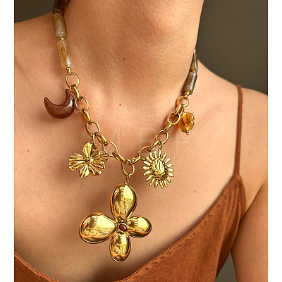 316L Surgical Stainless Steel & Resin Flower Moon Sun Pendant Bib Necklaces for Women WG4E0E9-01-1