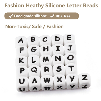 20Pcs White Cube Letter Silicone Beads 12x12x12mm Square Dice Alphabet Beads with 2mm Hole Spacer Loose Letter Beads for Bracelet Necklace Jewelry Making JX432M-1