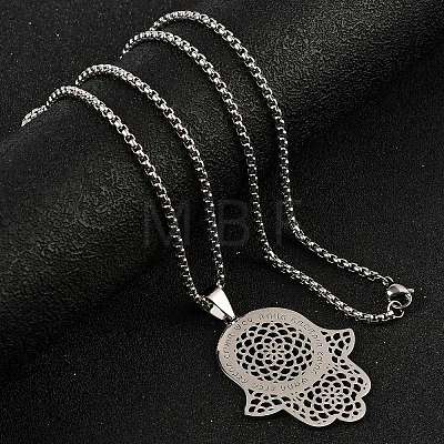 304 Stainless Steel Hollow Religion Hamsa Hand Pendant Necklaces NJEW-M086-01P-1