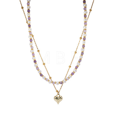 304 Stainless Steel Heart Pendant White Faux Pearl and Natural Amethyst Faceted Round Beaded Double Layer Necklaces for Women JN5423-1-1