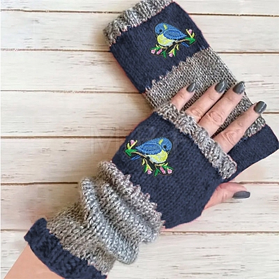 Acrylic Fibers Bird Pattern Knitting Fingerless Gloves PW-WG0606C-02-1