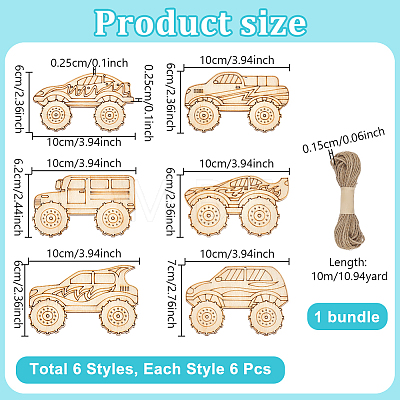 36Pcs 6 Styles Car Unfinished Blank Wooden Pendants Set for Painting Arts AJEW-WH0752-598-1