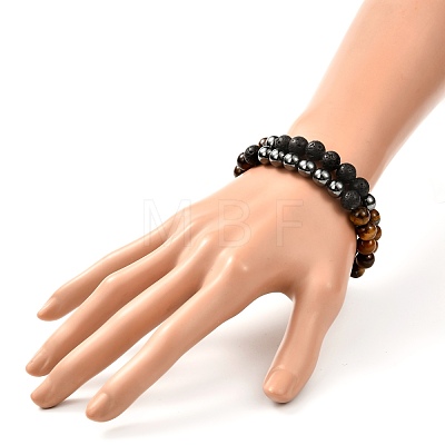 Natural Tiger Eye & Lava Rock & Synthetic Hematitie Beads Stretch Bracelet Set BJEW-JB07030-1