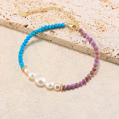 Dyed Natural Turquoise & Lepidolite & Pearl Beaded Bracelet BJEW-G688-01G-1