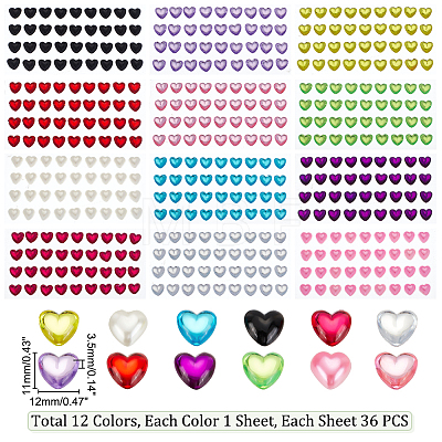 AHADERMAKER 12 Sheets 12 Colors Heart Adhesive Acrylic Rhinestone Stickers STIC-GA0001-05-1