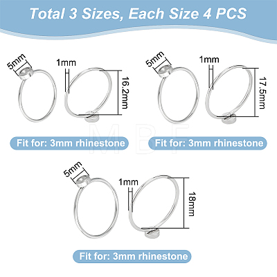 CHGCRAFT 12Pcs 3 Size 304 Stainless Steel Finger Rings Settings for Rhinestone Base STAS-CA0002-16-1