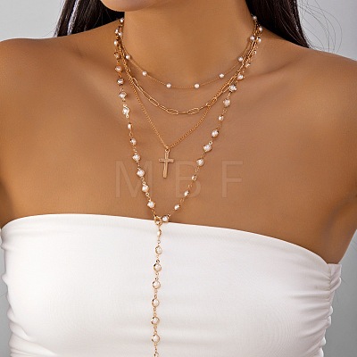 Alloy & Plastic Pearl Pendant 4 Layered Long Tassel Necklaces for Women WG4E668-02-1