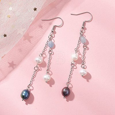 Oval Natural Aquamarine & Natural Cultured Freshwater Pearl Dangle Earrings EJEW-JE06876-1