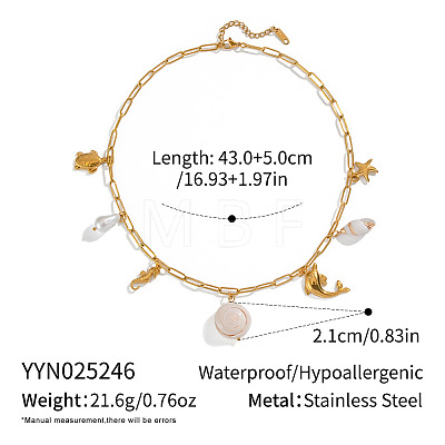 Summer Beach 304 Stainless Steel & Natural Shell Starfish Dolphin Sea Horse Pendant Paperclip Chain Necklaces for Women ZQ6874-1