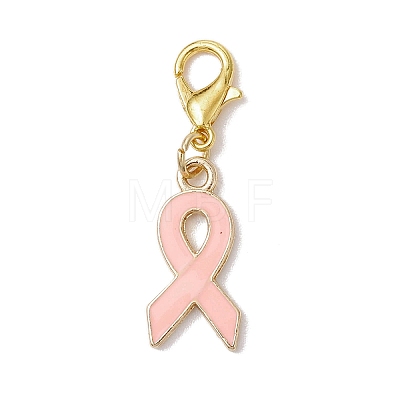 Pink Awareness Ribbon Shape Alloy Enamel Pendant Decorations HJEW-JM02287-1