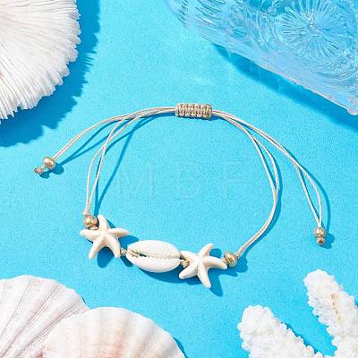 Synthetic Turquoise & Cowrie Shell Braided Starfish & Shell Shape Bead Bracelets for Women BJEW-JB10197-01-1