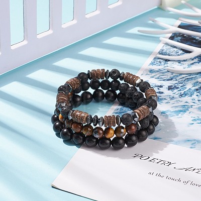 3Pcs 3 Style Natural & Synthetic Mixed Stone Stretch Bracelets Set with Wood Beaded for Women BJEW-JB08358-1