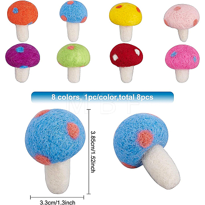 8pcs 8 Colors Handwork Felt Needle Felting Mushroom Ornaments AJEW-BC0001-99-1