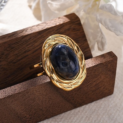 Oval Natural Sodalite Finger Rings RJEW-M063-01G-09-1