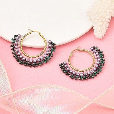 304 Stainless Steel & Bohemian Beaded Fan Hoop Earrings for Women EJEW-R001-01G-02-1