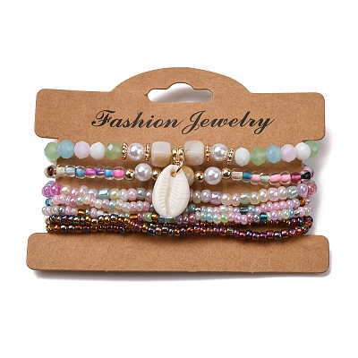 Bohemian Resin & Alloy & Glass Beads & Shell & Plastic Pearls Beaded Stretch Bracelets BJEW-Z169-01C-1