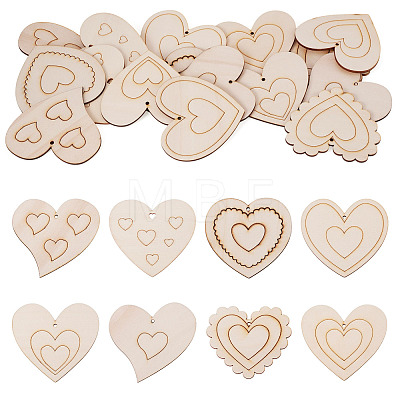 16Pcs 8 Styles Unfinished Wood Heart Pendants WOOD-TA0002-99-1