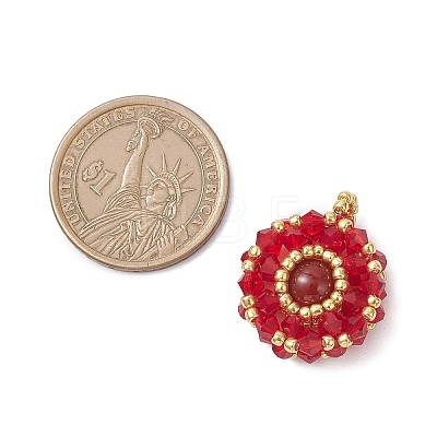 Natural Carnelian(Dyed & Hearted) & Glass Seed Beaded Flat Round Pendants PALLOY-MZ00950-07-1