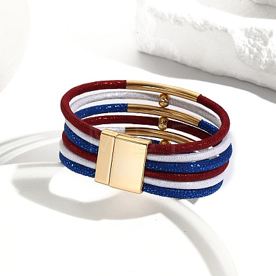 USA Flag Style Red Blue White Imitation Leather Cord Bracelets PW-WGCD218-01-1