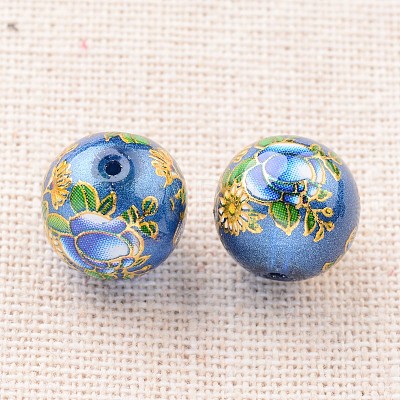 Flower Picture Printed Glass Round Beads GLAA-J087-12mm-B02-1
