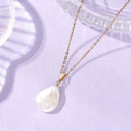 Baroque Natural Keshi Pearl Teardrop Pendant 304 Stainless Steel Cable Chain Necklaces for Women NJEW-JN05961-1