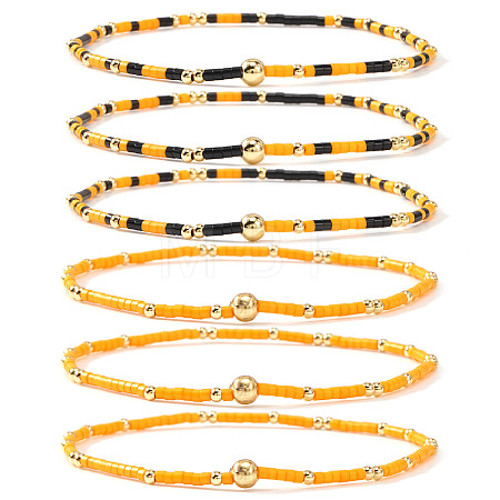 6Pcs Handmade Glass Seed Bead & Brass Beads Stretch Bracelets XZ6120-5-1