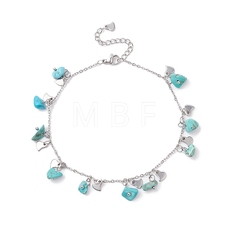 Synthetic Turquoise Chips & Heart Charms Anklet AJEW-AN00512-01-1