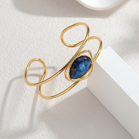 304 Stainless Steel & Teardrop Acrylic Imitation Gemstone Bead Cuff Bangles for Women BJEW-T027-01B-1