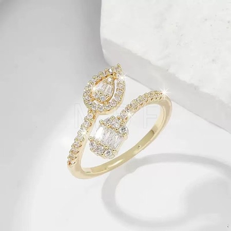 Brass Micro Pave Cubic Zirconia Teardrop & Rectangle Cuff Open Rings for Women WG82DA3-01-1
