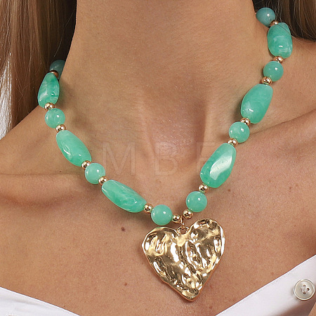 Zinc Alloy Textured Heart Pendant Resin Beaded Necklaces for Women FS-WG268AD-05-1